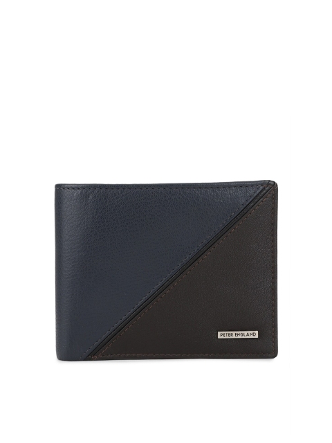 

Peter England Men Navy Blue & Brown Colourblocked Leather Two Fold Wallet