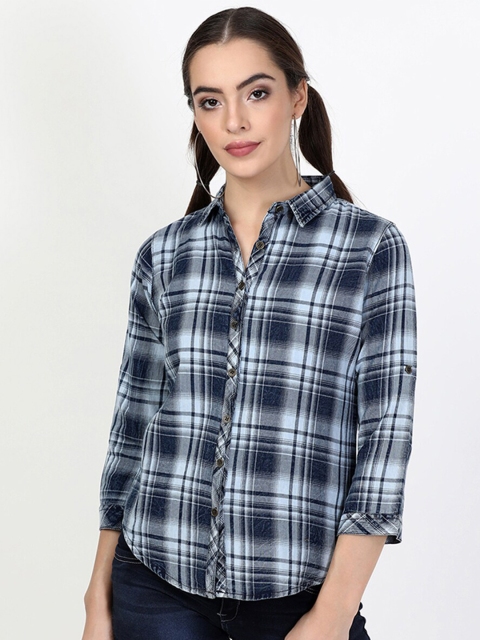 

V2 Value & Variety Women White & Navy Blue Tartan Checked Cotton Regular Fit Casual Shirt