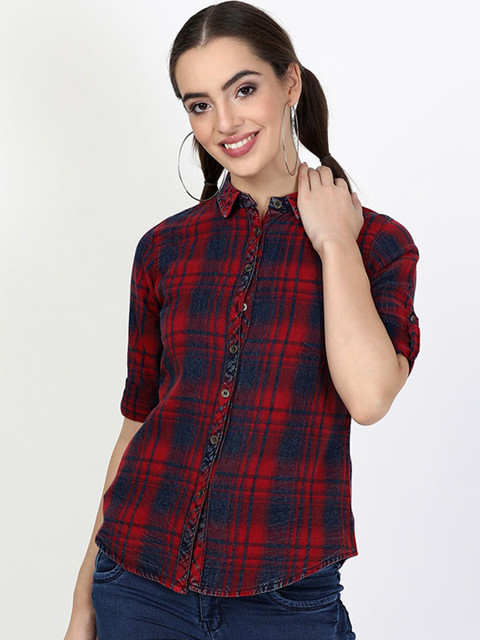 

V2 Value & Variety Women Maroon Regular Fit Checked Cotton Casual Shirt