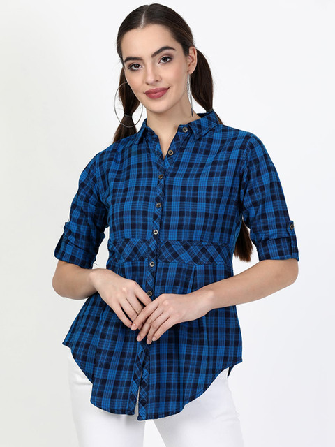 

V2 Value & Variety Blue Tartan Checks Checked Shirt Style Top