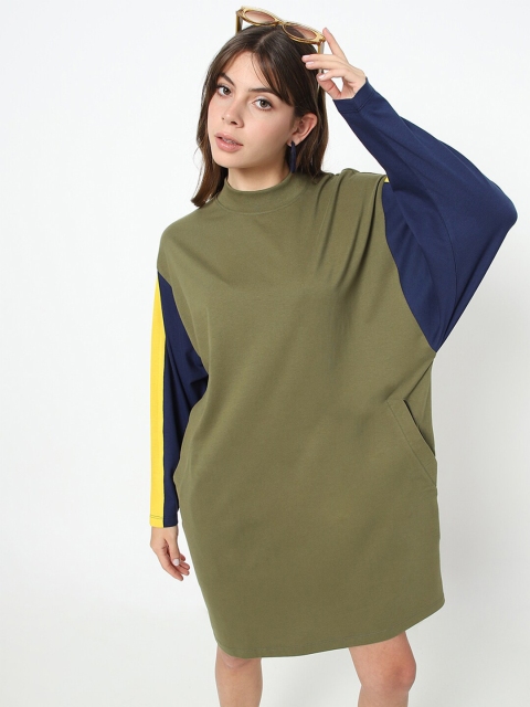 

Bewakoof Women Olive & Navy Blue Colourblocked T-shirt Dress