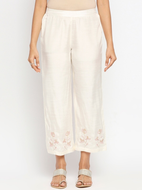 

Ethnicity Women Off White & Cream-Coloured Floral Straight Fit Knitted Cropped Palazzos