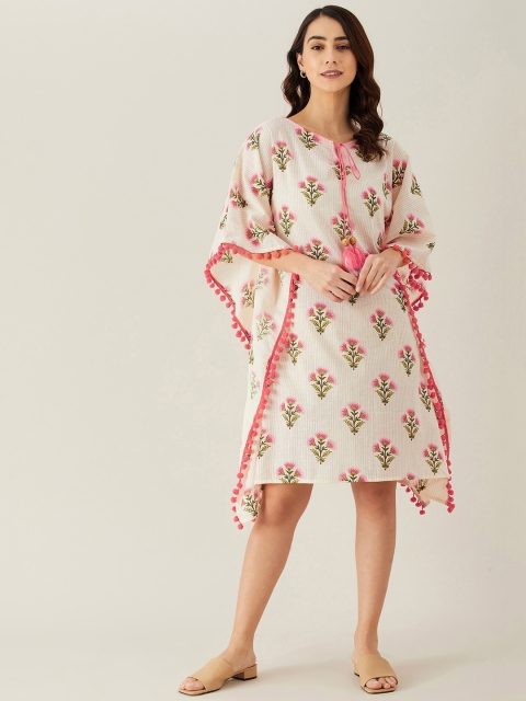 

The Kaftan Company Women White & Pink Floral Printed Cotton Beach Coverup Kaftan