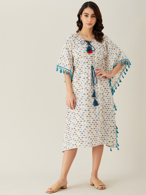 

The Kaftan Company Women White & Blue Printed Cotton Kaftan Dress