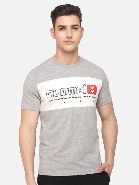 

hummel Men Grey Melange & White Brand Logo Printed Pure Cotton T-shirt