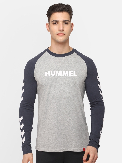 

hummel Men Grey Melange & Navy Blue Colourblocked Printed Raglan Sleeve T-shirt