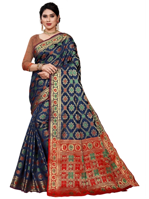 

Viva N Diva Navy Blue & Red Woven Design Zari Silk Blend Kanjeevaram Saree
