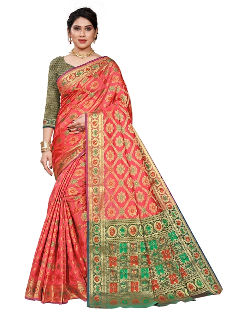

Viva N Diva Pink & Gold-Toned Woven Design Zari Silk Blend Kanjeevaram Saree