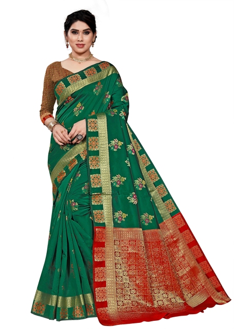 

Viva N Diva Green & Red Floral Silk Blend Kanjeevaram Saree