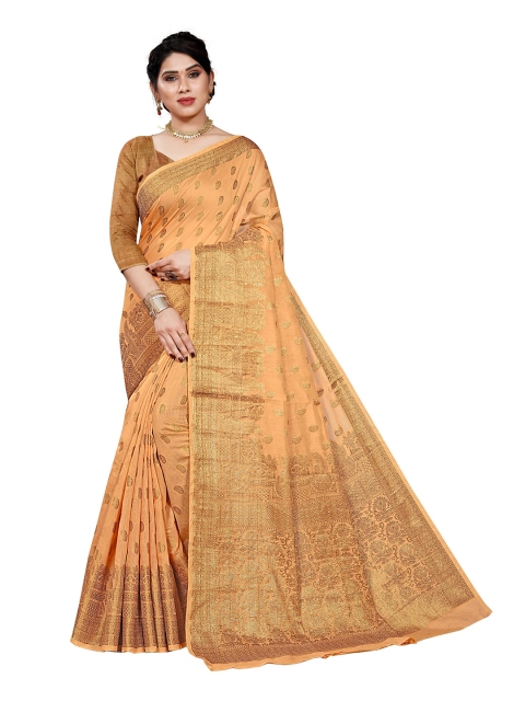 

Viva N Diva Peach-Coloured & Gold-Toned Ethnic Motifs Zari Silk Blend Kanjeevaram Saree