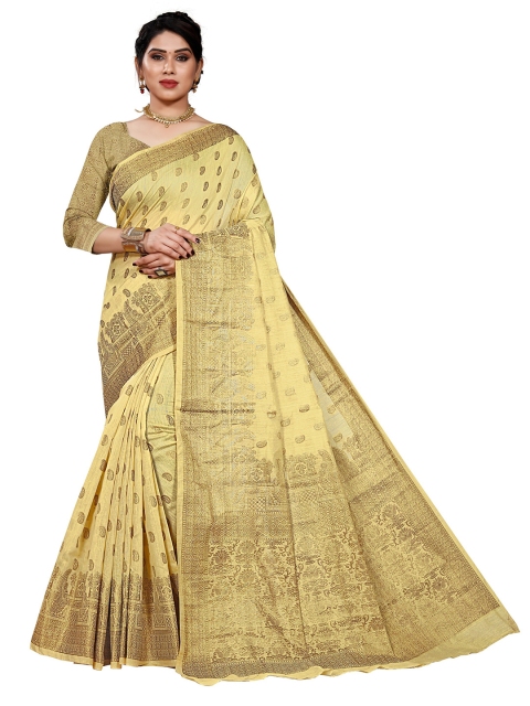 

Viva N Diva Yellow & Gold-Toned Paisley Zari Silk Blend Kanjeevaram Saree
