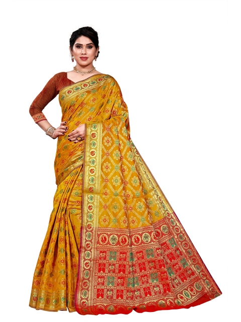 

Viva N Diva Mustard & Red Ethnic Motifs Zari Silk Blend Kanjeevaram Saree
