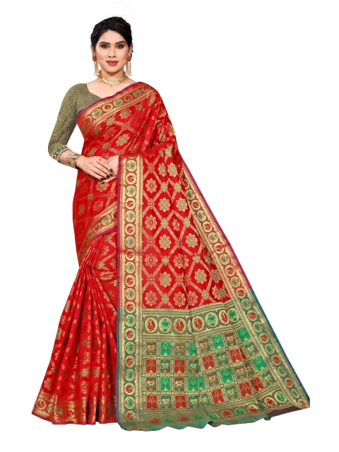 

Viva N Diva Red & Green Woven Design Zari Silk Blend Kanjeevaram Saree
