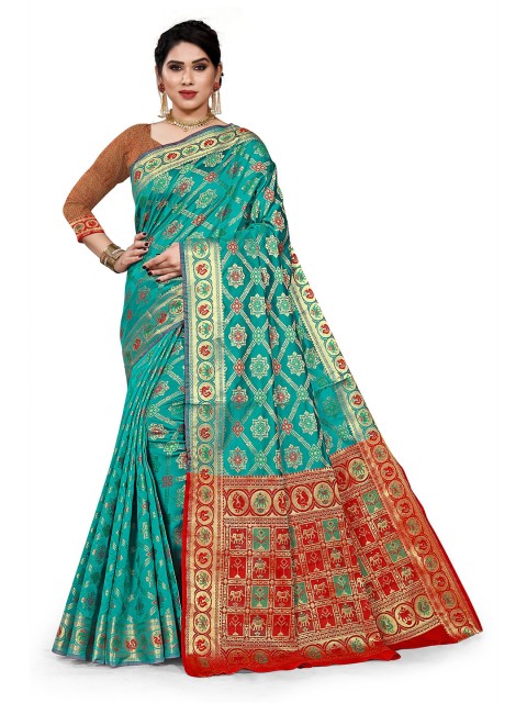 

Viva N Diva Turquoise Blue & Red Woven Design Silk Blend Kanjeevaram Saree