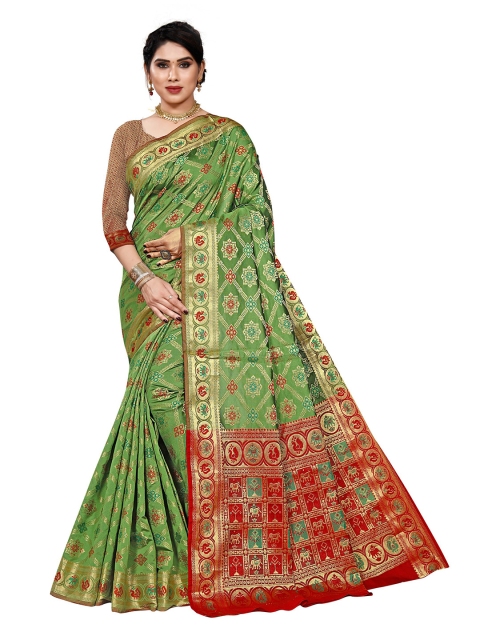 

Viva N Diva Green & Red Ethnic Motifs Zari Silk Blend Kanjeevaram Saree