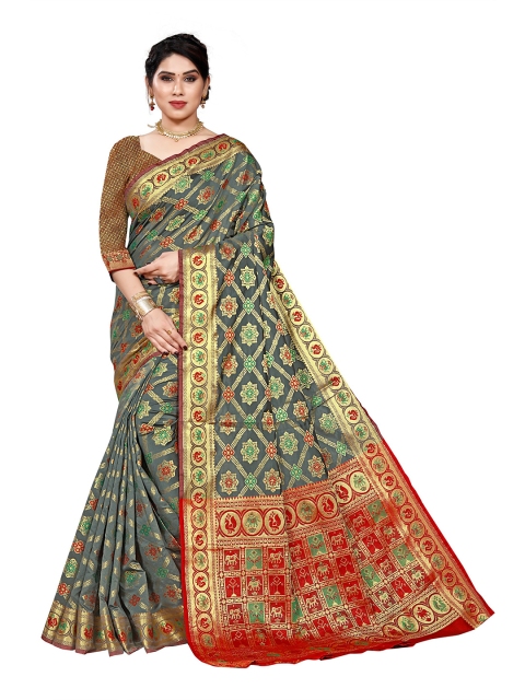

Viva N Diva Grey & Red Woven Design Zari Silk Blend Kanjeevaram Saree