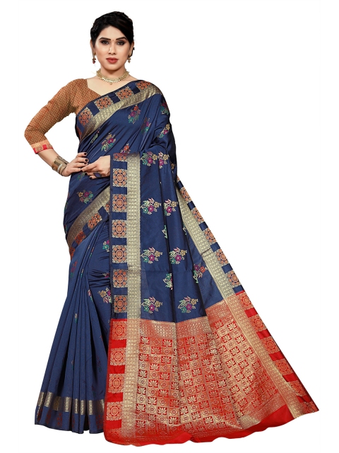

Viva N Diva Blue & Red Woven Design Zari Silk Blend Kanjeevaram Saree