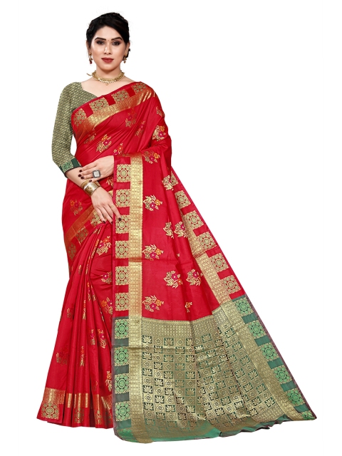 

Viva N Diva Red & Green Ethnic Motifs Zari Silk Blend Kanjeevaram Saree