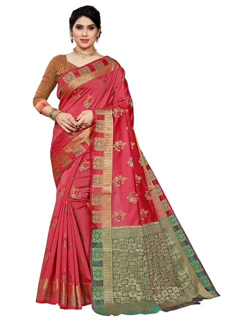 

Viva N Diva Pink & Green Woven Design Zari Silk Blend Kanjeevaram Saree