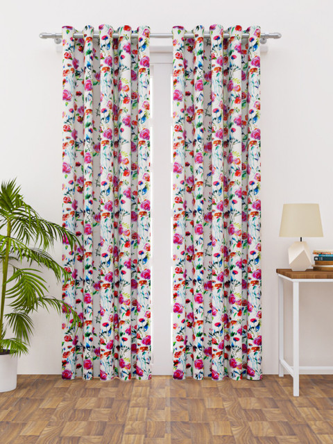 

HAPPY HUES White & Pink Floral Printed Long Door Regular Curtain