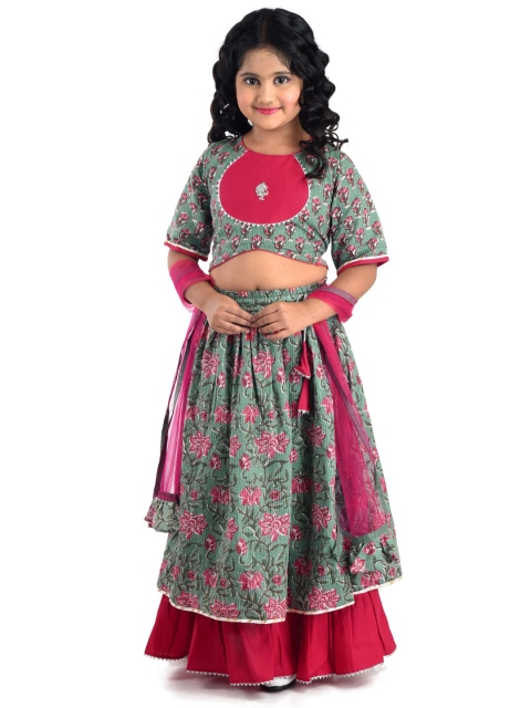 

Kinder Kids Girls Green & Maroon Printed Block Print Ready to Wear Lehenga & Blouse With Dupatta
