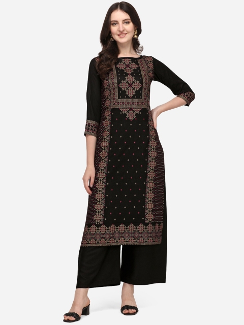 

Florence Women Black Ethnic Motifs Printed Flared Sleeves Thread Work Kurta