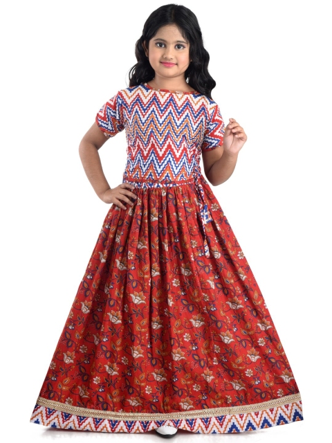 

Kinder Kids Girls Red & Blue Printed Block Print Ready to Wear Lehenga with Blouse