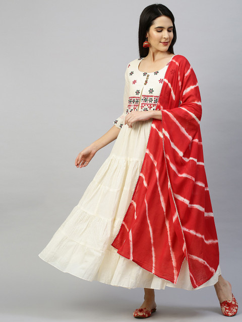 

FASHOR Off White & Red Embroidered Cotton Maxi Dress with Dupatta