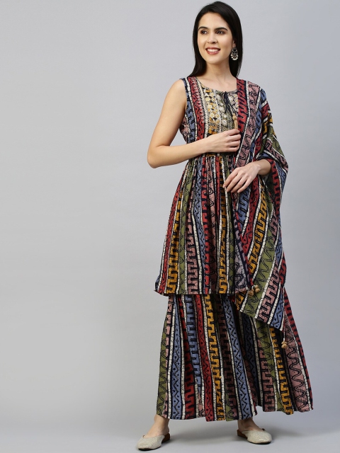 

FASHOR Women Multicoloured Panelled Sequinned Kurti with Trousers & With Dupatta, Multi