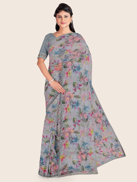 

Pothys Grey Floral Printed Poly Chiffon Saree