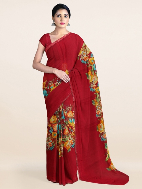 

Pothys Maroon Floral Printed Poly Chiffon Saree