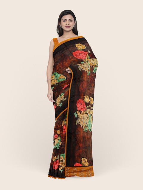 

Pothys Brown Floral Printed Poly Chiffon Saree