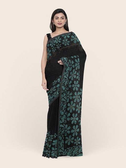

Pothys Black Floral Printed Poly Chiffon Saree