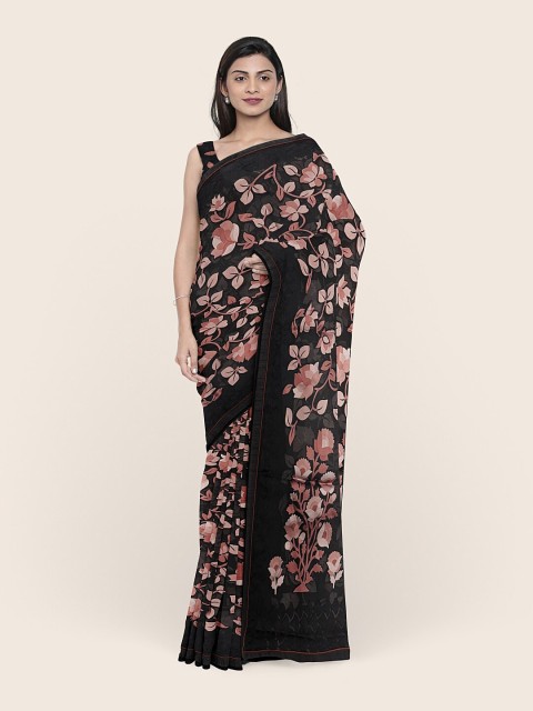 

Pothys Black & Pink Floral Printed Poly Chiffon Saree