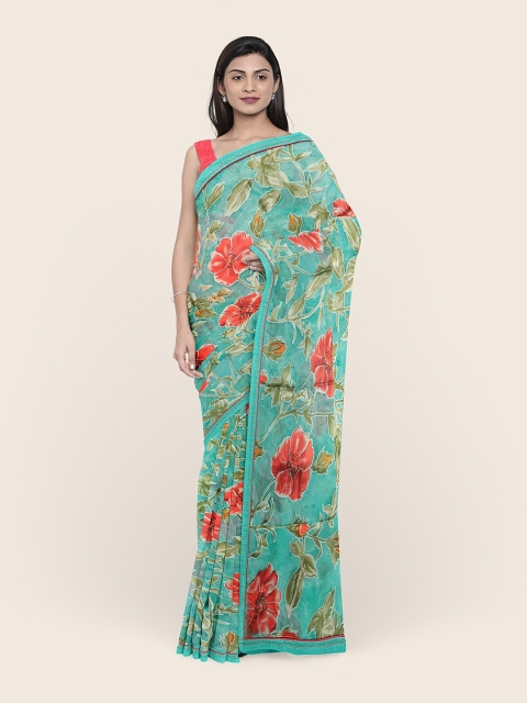 

Pothys Green & Red Floral Printed Poly Chiffon Saree