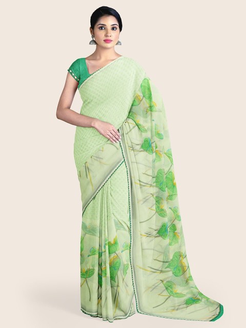 

Pothys Green Floral Printed Poly Chiffon Saree