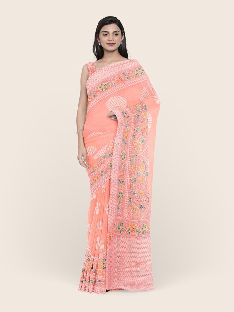 

Pothys Peach-Coloured & Green Printed Saree