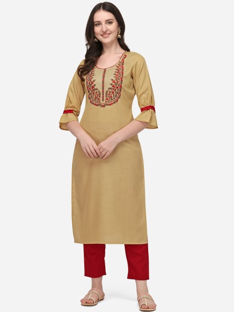 

Florence Women Beige & Red Embroidered Thread Work Pure Cotton Kurta With Trousers