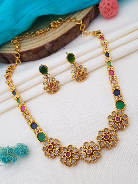 

GRIIHAM Green & Pink Gold-Plated AD Stone Studded Jewellery Set