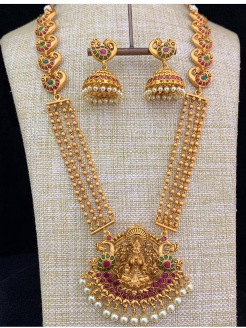 

GRIIHAM Gold-Plated Green & Pink Stone-Studded Temple Jewellery Set