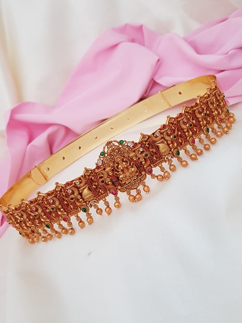 

GRIIHAM Gold-Plated Red & Green Stone-Studded Beaded Kamarbandh