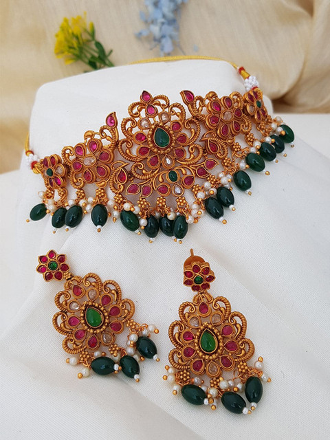 

GRIIHAM Gold-Plated Green & Red Stone-Studded Jewellery Set