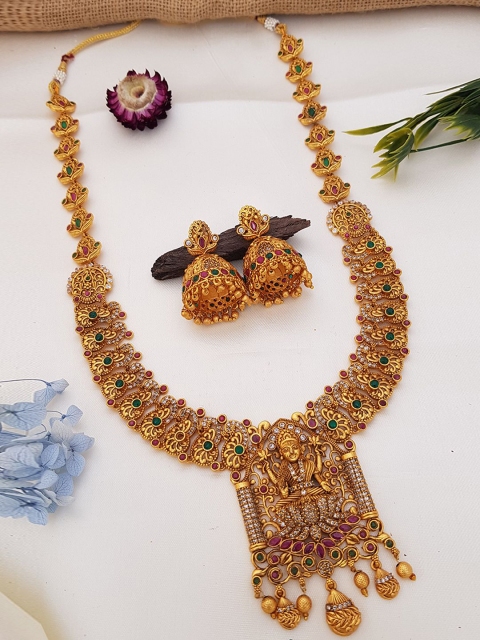 

GRIIHAM Green & Pink Gold-Plated AD-Studded Laxmi Jewellery Set