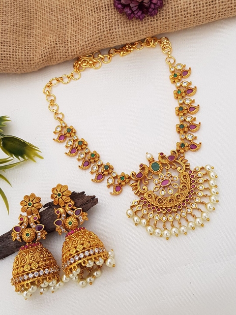 

GRIIHAM Gold-Plated Green & White AD-Studded Jewellery Set