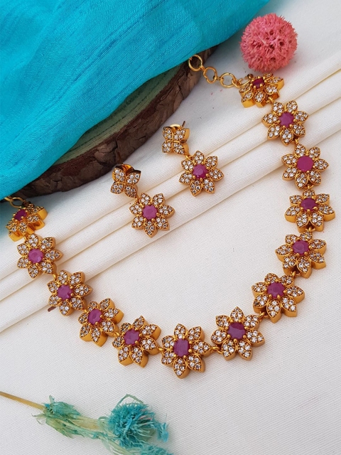 

GRIIHAM Pink-Toned & Gold-Plated CZ Stone Studded Jewellery Set