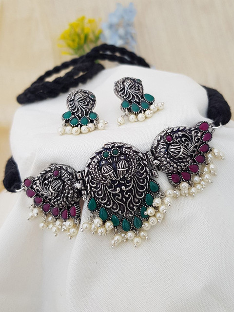 

GRIIHAM Red & Green Silver-Plated Stone Studded Oxidised Jewellary Set