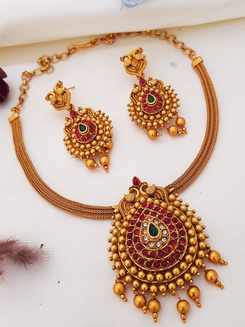 

GRIIHAM Gold-Plated Green & Red Stones-Studded & Beaded Rope Jewellery Set