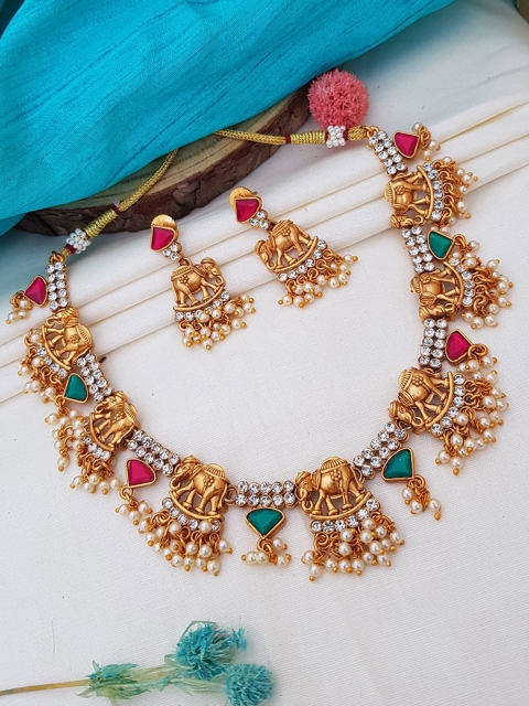 

GRIIHAM Gold-Plated Green & Pink Stone-Studded Elephant Theme Jewellery Set