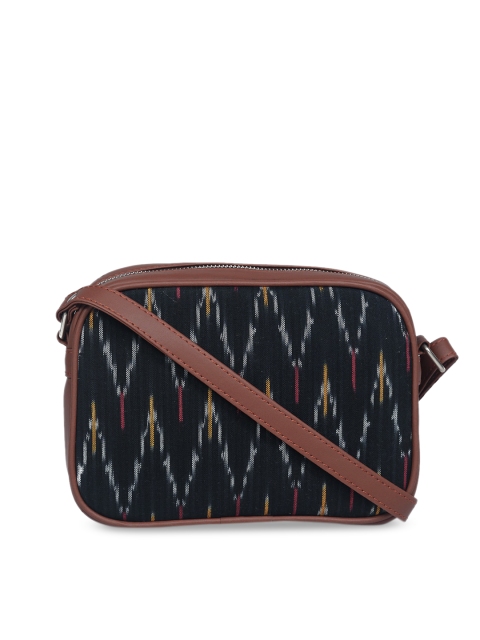 

ZOUK Black Printed Oversized Structured Sling Bag with Cut Work