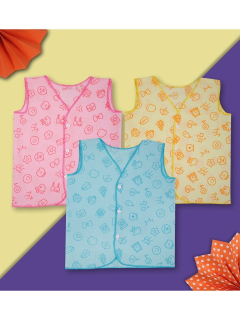 

Baby Moo Infant Kids Yellow & Blue Pack Of 3 Printed Pure Cotton Jhabla